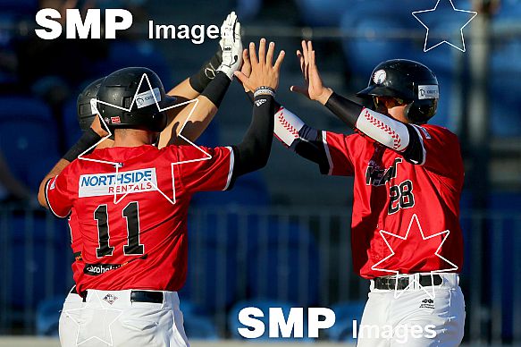 Perth heat celebrate runs on the board in the 5th inning PHOTO: James Worsfold / SMP IMAGES / Baseball Australia | Action from the Australian Baseball League 2019/20 Round 2 clash between the Perth Heat v Canberra Cavalry played at Perth Harley-David